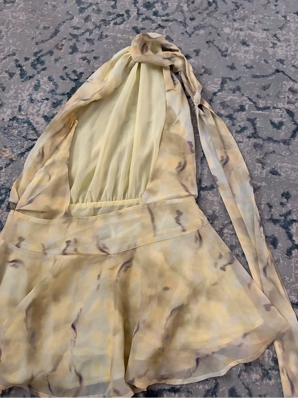 Peppermayo Pale Yellow Watercolor Halter Dress with purple/gray pattern - Picture 2 of 4